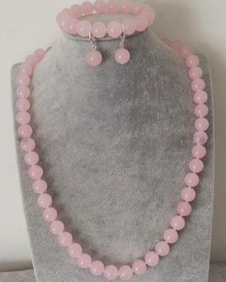Parure collana orecchini bracciale quarzo rosa
