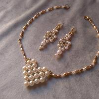 Set Collana Cuore di perle Orecchie dorato avorio 