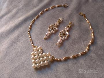 Set Collana Cuore di perle Orecchie dorato avorio 