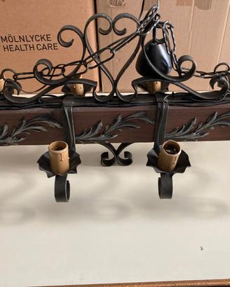 Lampadario 8 luci in legno e ferro