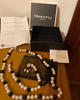 Collana, bracciale, orecchini  perla bianca e nera