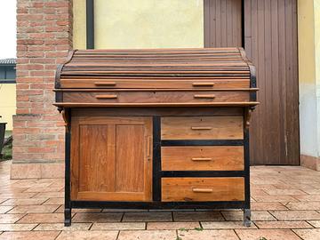 Scrittoio vintage a ribalta in legno con cassetti