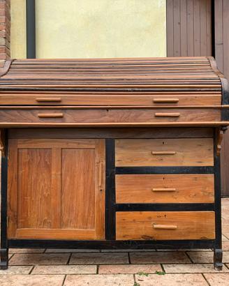 Scrittoio vintage a ribalta in legno con cassetti