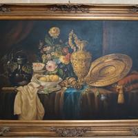 Dipinto olio su tela natura morta con oggetti in