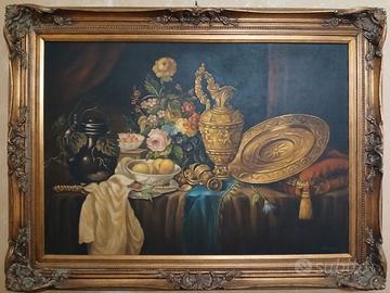 Dipinto olio su tela natura morta con oggetti in