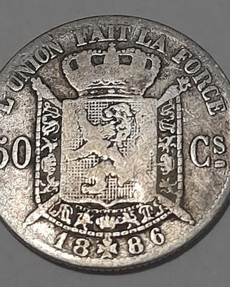 50 Centimes del Belgio del 1886 in argento