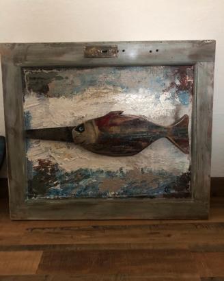 Quadro sgabello e lampada in legno