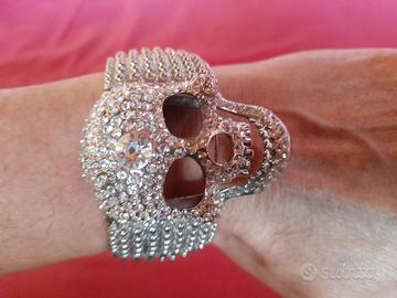 Bracciale teschio a fascia larga acciaio e pave'