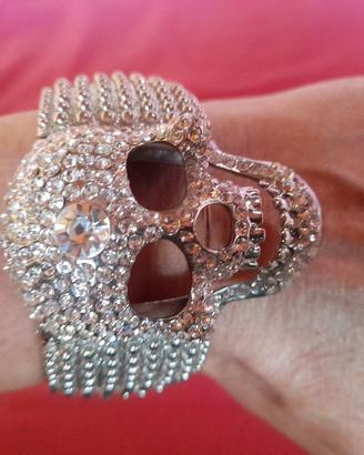 Bracciale teschio a fascia larga acciaio e pave'