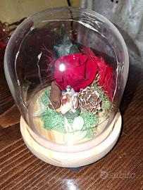 Campane di vetro con natività e rosa stabilizzata