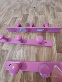 Tris  di appendini in  legno verniciato rosa Nuovi