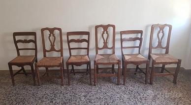 Set 6 Sedie Rustiche Vintage in Legno e Paglia