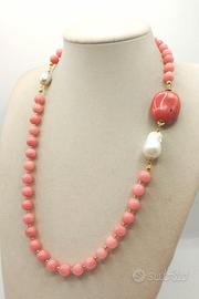 Collana CORALLO , fio di GIADA  rosata e PERLA