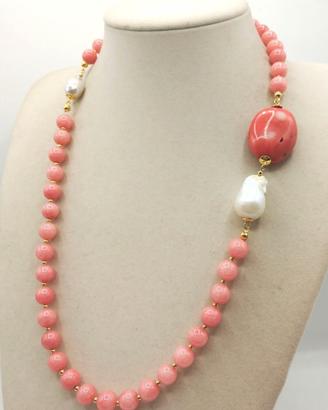 Collana CORALLO , fio di GIADA  rosata e PERLA