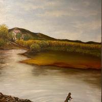 Dipinto a olio su tela Donna al lago - A. Cella