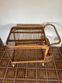 Carrello portavivande vintage in rattan e bambù