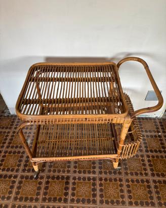 Carrello portavivande vintage in rattan e bambù