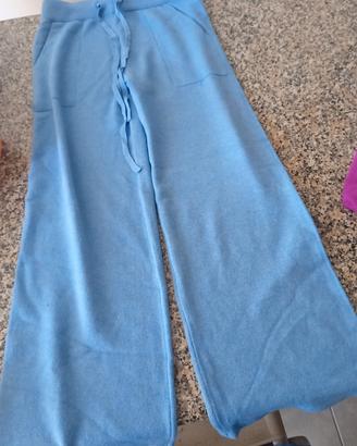 pantaloni maglia celeste wide leg coulisse tasche