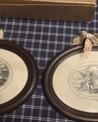 Coppia Quadretti Ovali Vintage Putti Amorini Vetro