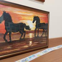 Cornice Quadro Dipinto Cavalli al tramonto 42x35