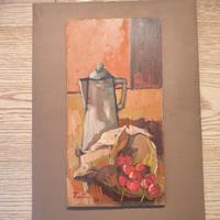 Caffettiera e Ciliegie: Dipinto a Olio su Compensa