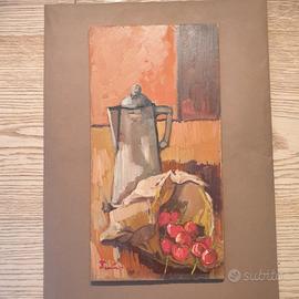 Caffettiera e Ciliegie: Dipinto a Olio su Compensa