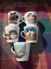 Tazzine da caffè decorate con gatti. Pz 5