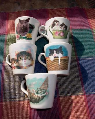 Tazzine da caffè decorate con gatti. Pz 5
