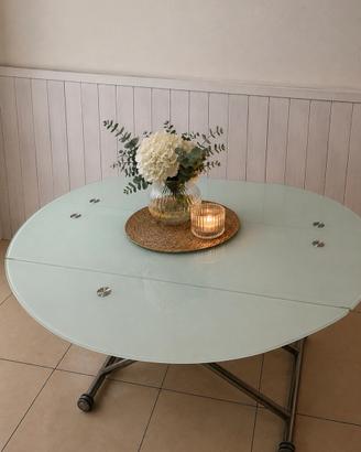 Tavolo trasformabile/allungabile in vetro acidato