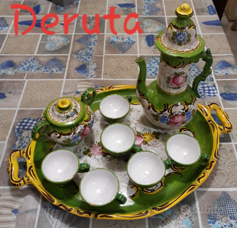 Set due tazzine con vassoio in ceramica decoro Deruta