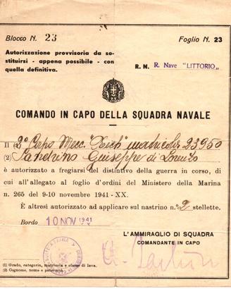 Documento onorificenze Militari “Littorio” 1941