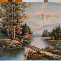 Quadro paesaggio e fiume dipinto a olio su tela.