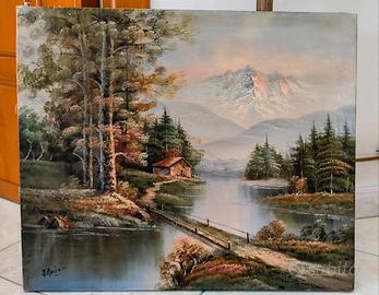 Quadro paesaggio e fiume dipinto a olio su tela.