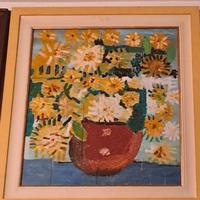 quadro giallo, pittura ad olio, vaso con fiori