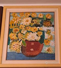 quadro giallo, pittura ad olio, vaso con fiori