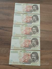 Cinque banconote da 100000 lire Caravaggio. 