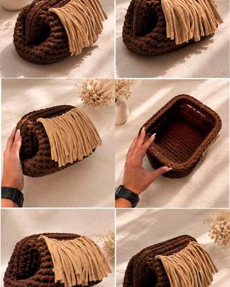 Clutch Lycra Elasticizzata Marrone + frange beige