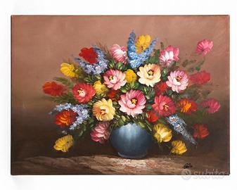 Rose e fiori in vaso blu - olio su tela 50x70