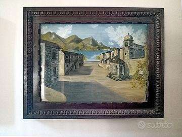 Quadro antico olio su tavola con cornice intagliat