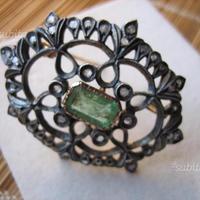 Spilla Oro 18 kt Smeraldo,Diamanti del'900