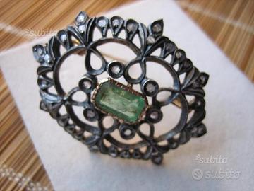 Spilla Oro 18 kt Smeraldo,Diamanti del'900