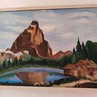 Quadro montagna lago baite pittura a olio