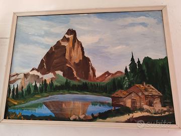 Quadro montagna lago baite pittura a olio