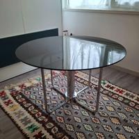 Tavolo rotondo in vetro fumé e acciaio anni 70/80
