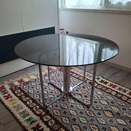 Tavolo rotondo in vetro fumé e acciaio anni 70/80