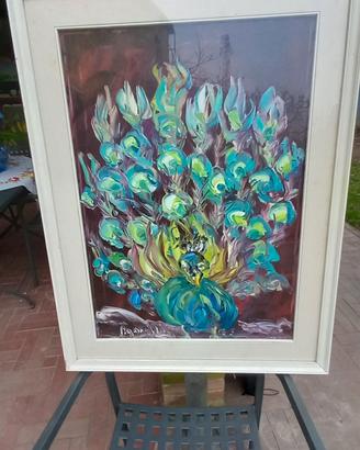  quadro olio su tela. pavone. Giulio Ongarelli