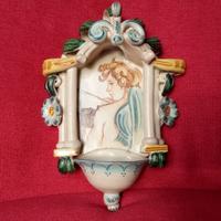 Vecchia acquasantiera ceramica smaltata perfetta