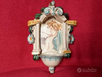 Vecchia acquasantiera ceramica smaltata perfetta