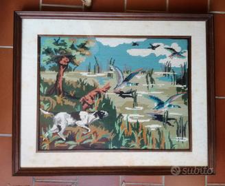 quadro vintage scena di caccia ricamo 