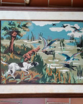 quadro vintage scena di caccia ricamo 